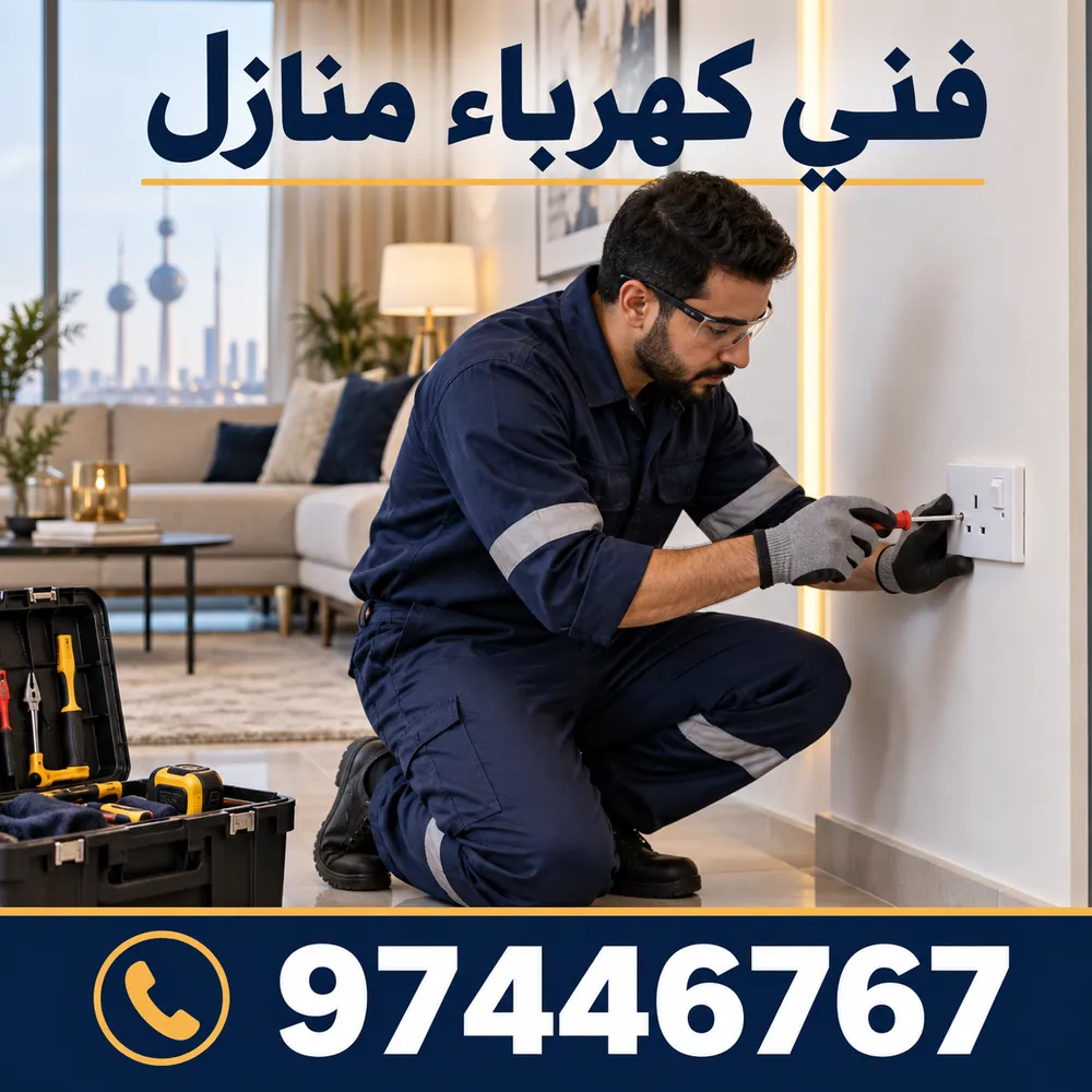 فني كهرباء منازل يركّب فيشة كهربائية في جدار منزل بالكويت — 97446767