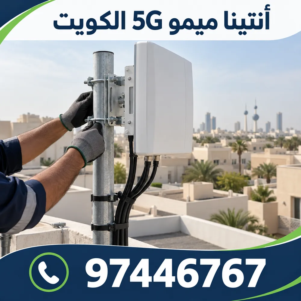 فني يثبّت أنتينا ميمو خارجية على ماسورة فوق سطح مبنى في الكويت
